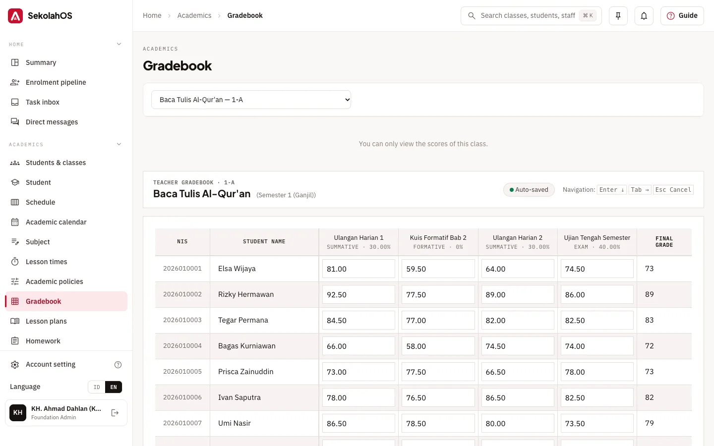 Gradebook with autosave per cell