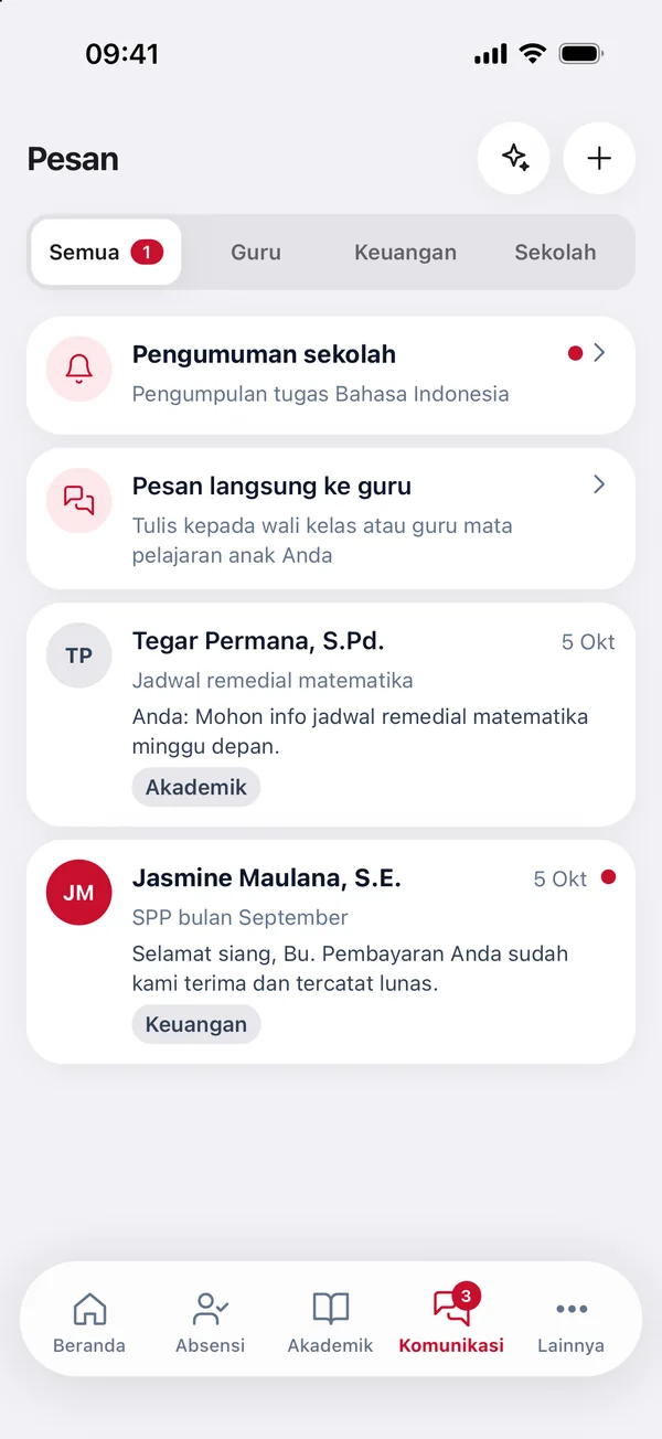 Kotak pesan di aplikasi orang tua
