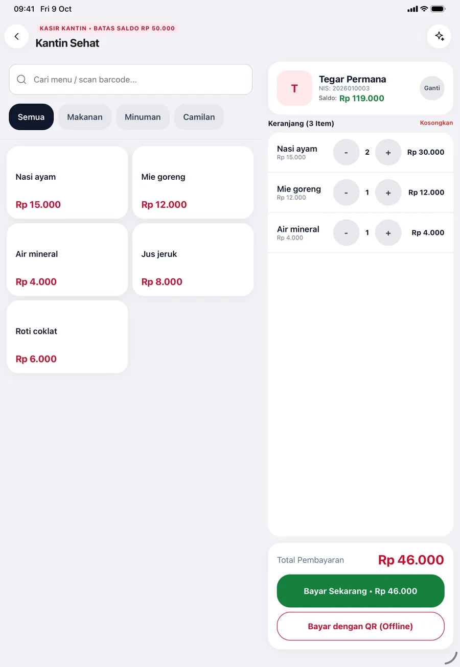Kasir kantin di tablet dengan keranjang dan saldo siswa