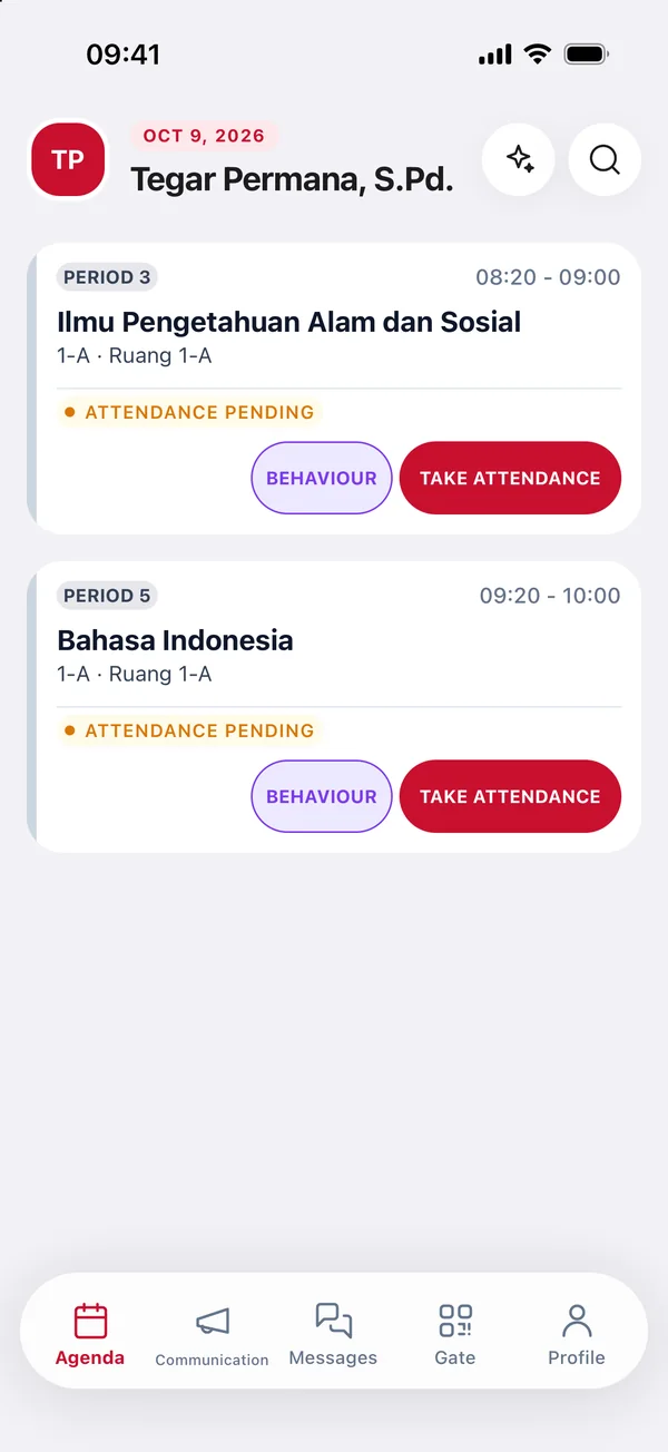 Teaching agenda in the teacher app