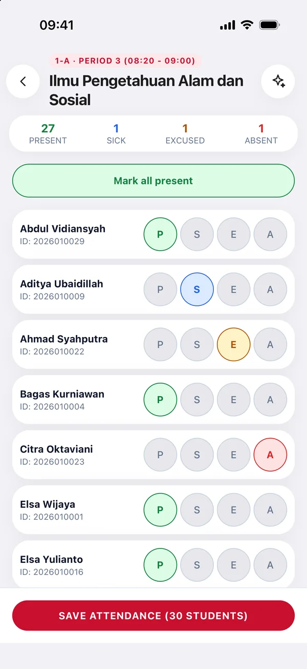 Session roll call in the teacher app